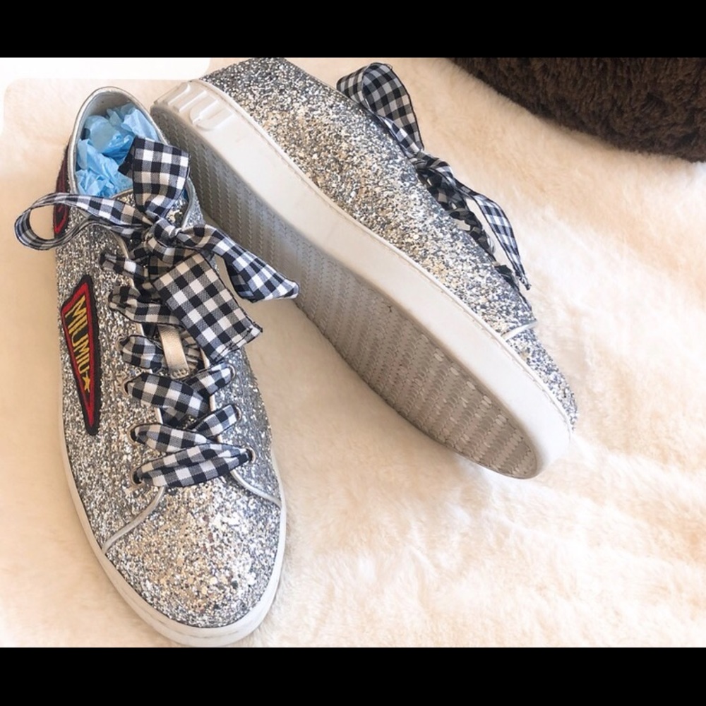 Miu Miu silver Glitter Sneakers Logo Embroidered